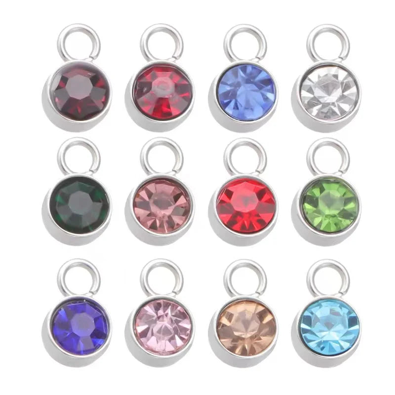 GP Birthstone Charms 3A CZ Drop Pendants 6mm Silver Stainless Steel Round  for Permanent Jewelry Chains Making