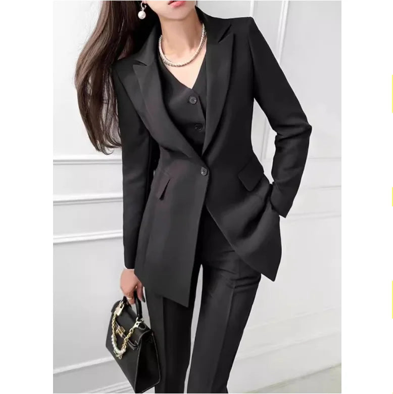 S-XL Fashion Korean Women Blazer Elegant Long Sleeve Suit Blazer Vest Pants 3pcs Set