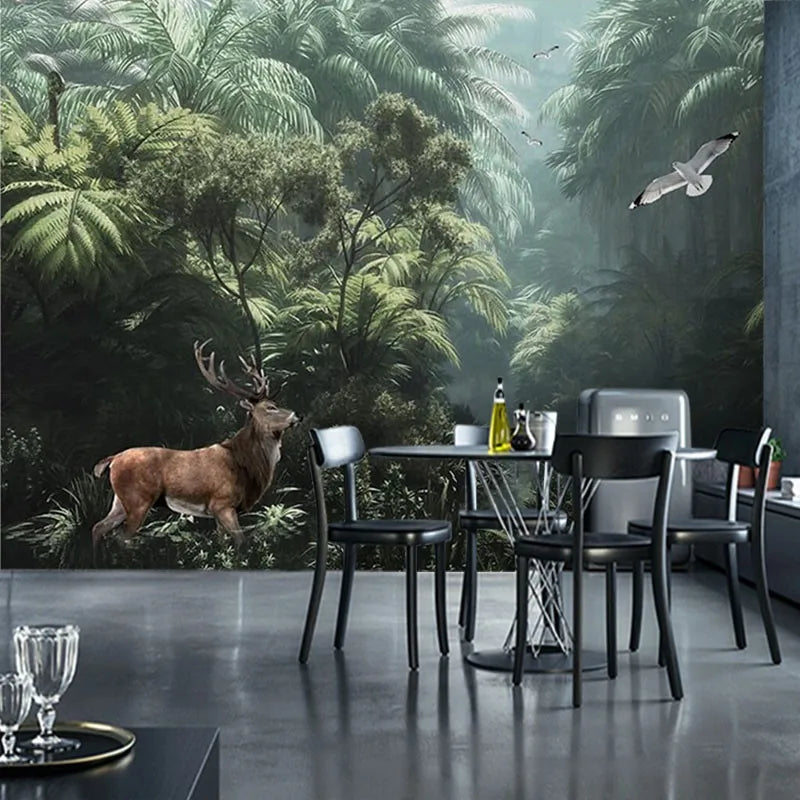 Forest Animal Wallpaper Background Wall Mural Landscape Theme Tropical Rain Forest Wild Deer Green Plants Nature Wallpaper