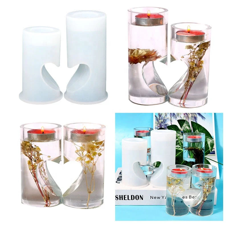 DM621 Love Heart Cylinder Candle Holder Silicone Mold DIY Epoxy Resin Craft Candlestick Molds for Valentine Wedding Decoratio