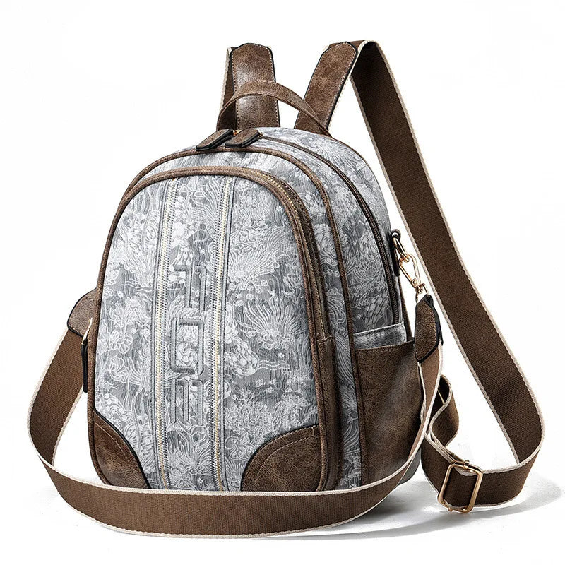 New High Quality Women's Vintage Summer/Autumn Waterproof PU Backpack Embroidery Button Detail Large Storage for Travel Outdo