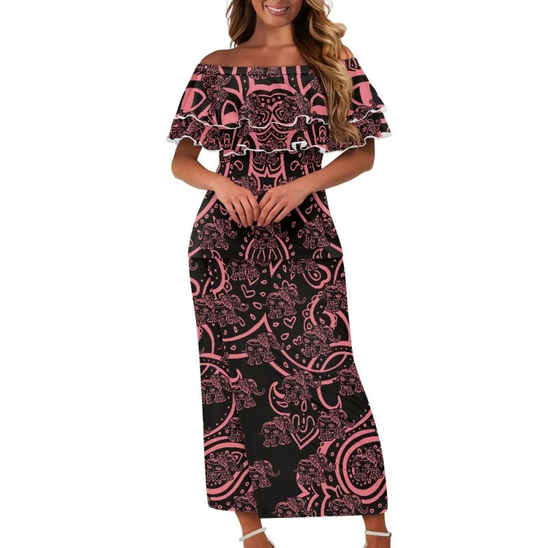 POD Plus Size Pattern Latest Design Bohemian Ethnic Elephant Style Puletasi Shoulder Ruffles Short Sleeve Long Dress Elegant