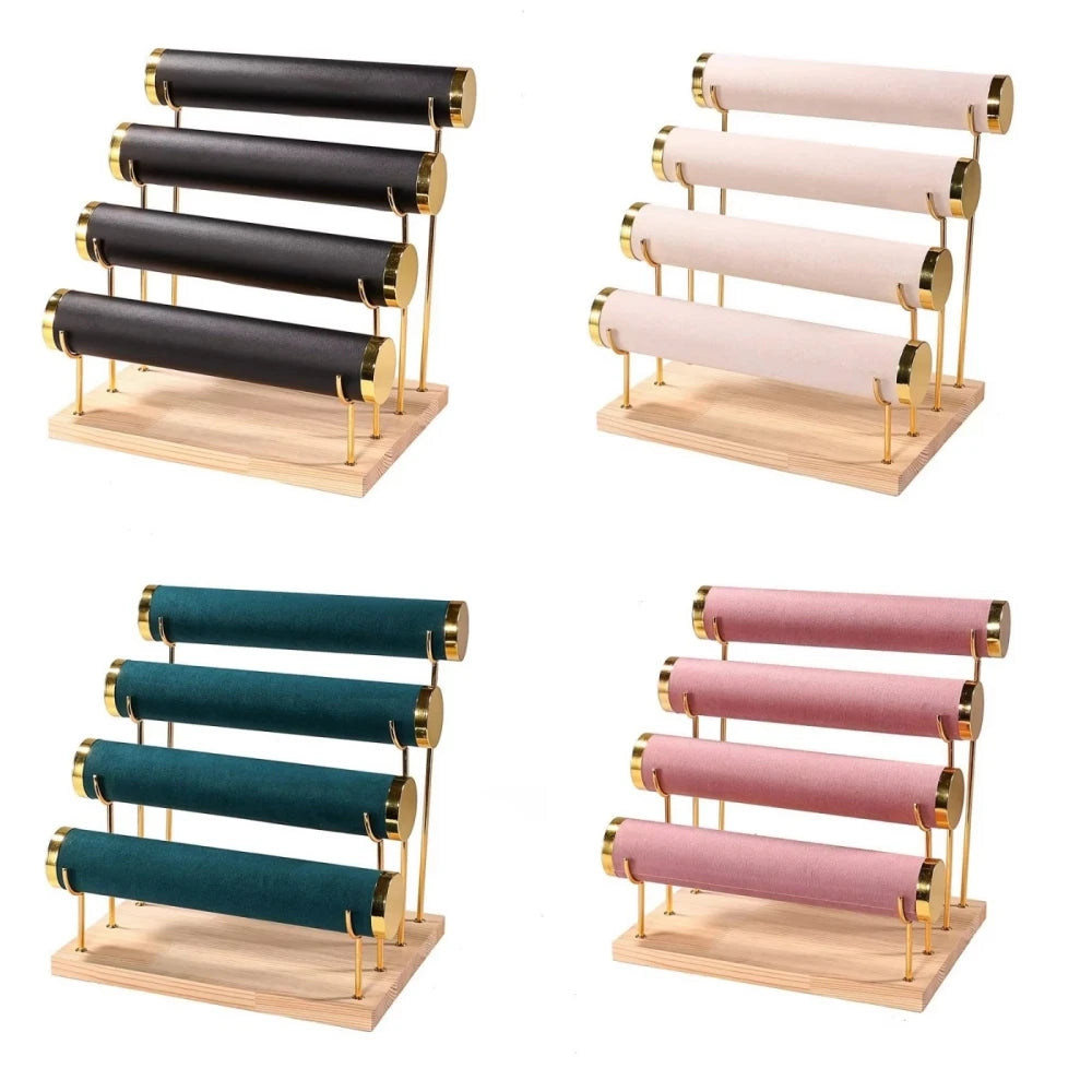 4-Tier Gold Metal Jewelry Display Stand Velvet Bracelet Watch Organiser Holder with Wooden Base for Retail Shop