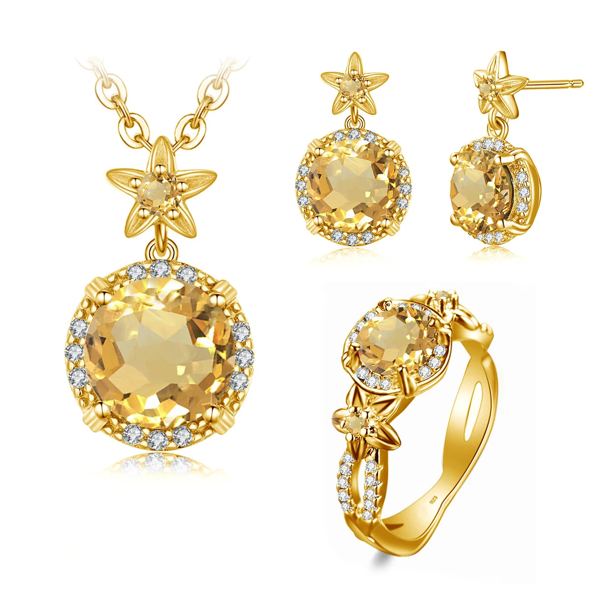 French Noble Classic Jewelry Set Luxury Party Round Citrine 925 Ring Sterling Silver Women Jewellery Sets