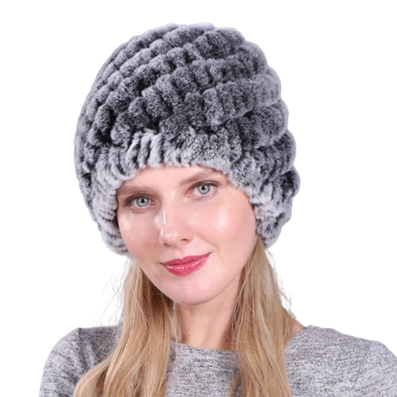 Hot Sale Fashion Ladies Real Rex Rabbit Fur Hat Russian Style Winter Knitted Hats Rabbit Fur Pineapple Hat