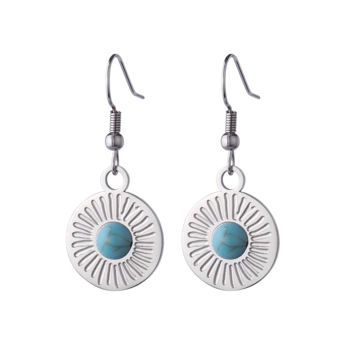 Turquoise Round Pendant Earrings for Women Girls Natural Stone Bohemian Stainless Steel Jewelry Birthday Gift Wholesale
