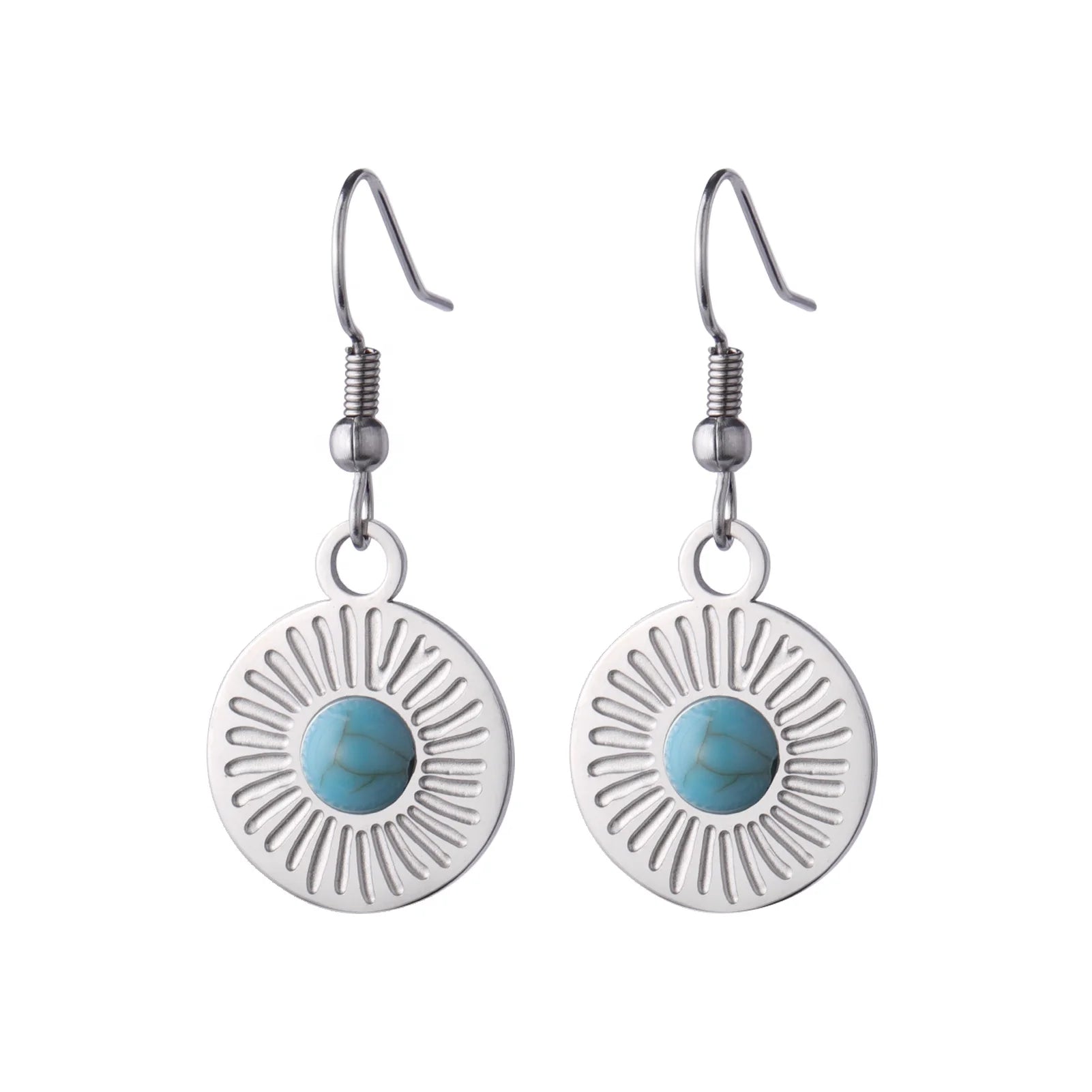 Turquoise Round Pendant Earrings for Women Girls Natural Stone Bohemian Stainless Steel Jewelry Birthday Gift Wholesale