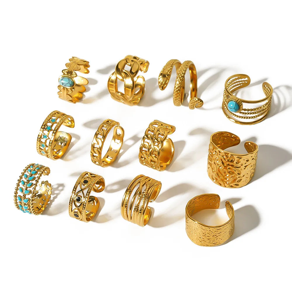 New Style Retro Blue Natural Stone Irregular Adjustable Open Rings 18k Gold Plated Stainless Steel Ring