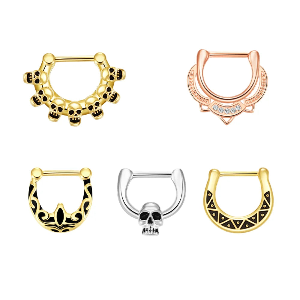 Indian Style Sexy Solid Stainless Steel Gold Plated Nose Ring Crown Rhinestone Hanging Black Chains Double Ring Case Straight