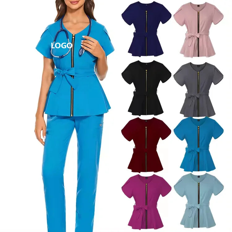 Custom LOGO Beauty Nursing Scrub for Unisex Breathable Hospital Uniform Zipper Jogger pink Doctor Scrubs Nurse Hospital Unifo