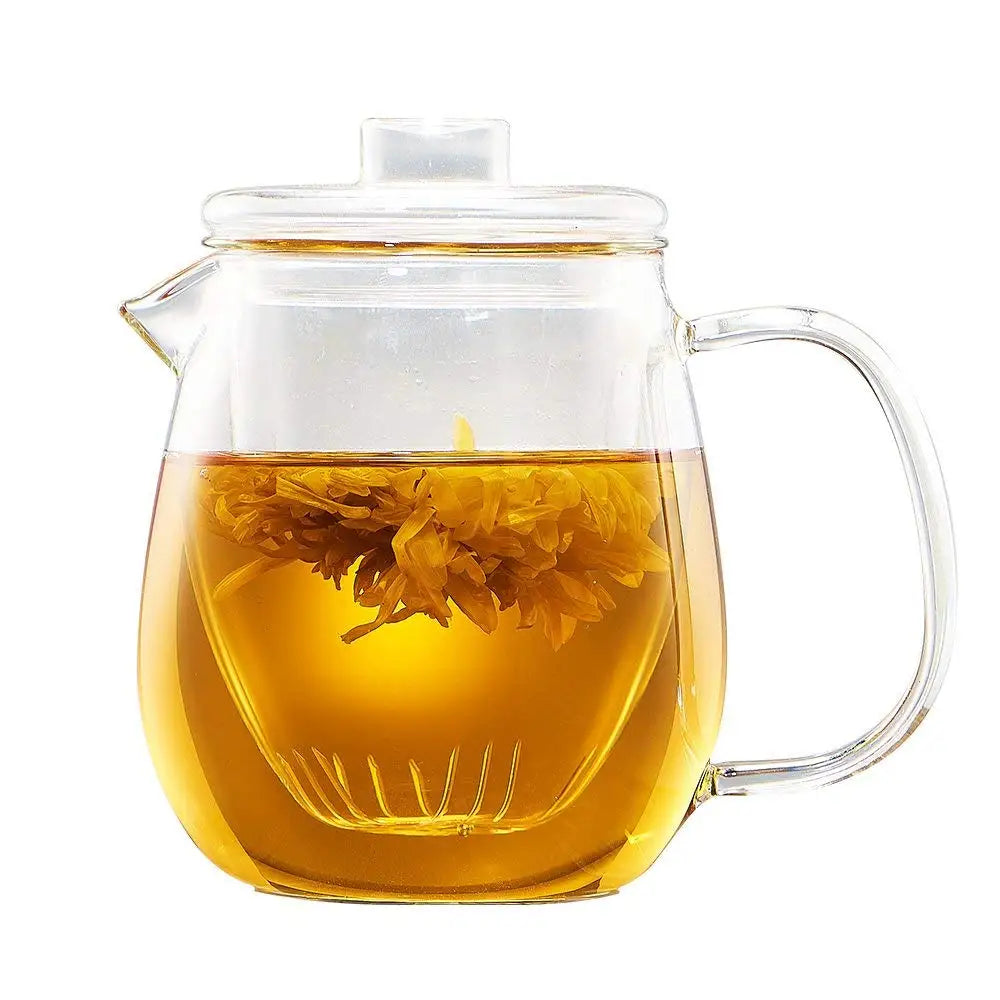Customized 600ml 20oz 3In1 Blooming Flower Borosilicate Glass Tea Pot with Filter Strainer Infuser Teapot Set with Tea Cups