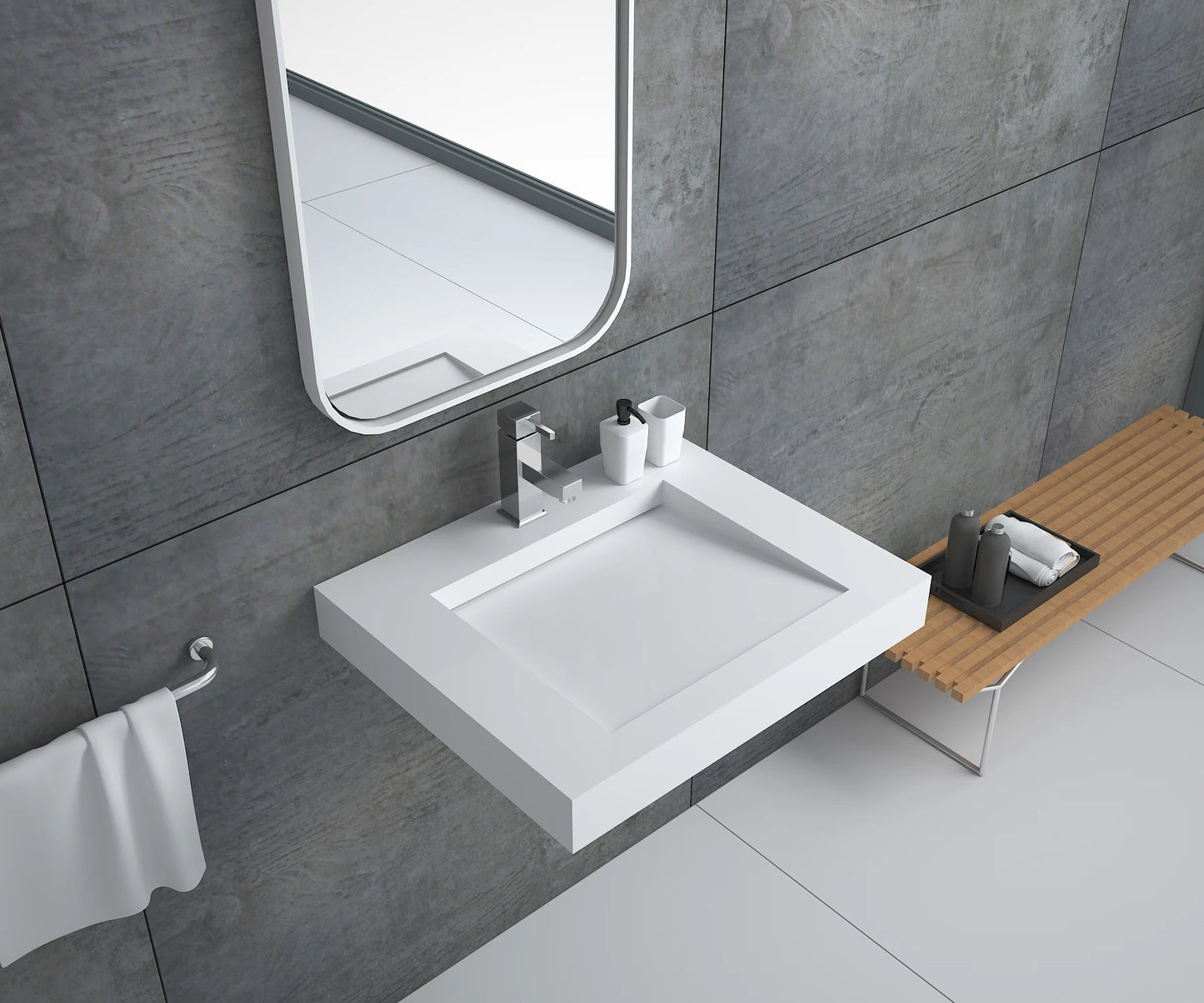 Wholesale Solid Surface Wall Basin Modern Style Ramp Sink Marble Basin with Drainer for Hotel Building Projects