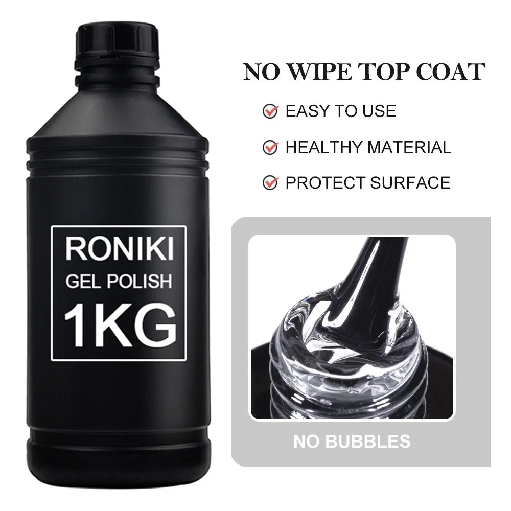 RONIKI OEM 1KG Clear Non-Toxic Private Label Custom Logo OEM Bulk High Shine No Wipe UV Top Coat Gel Polish for Salon