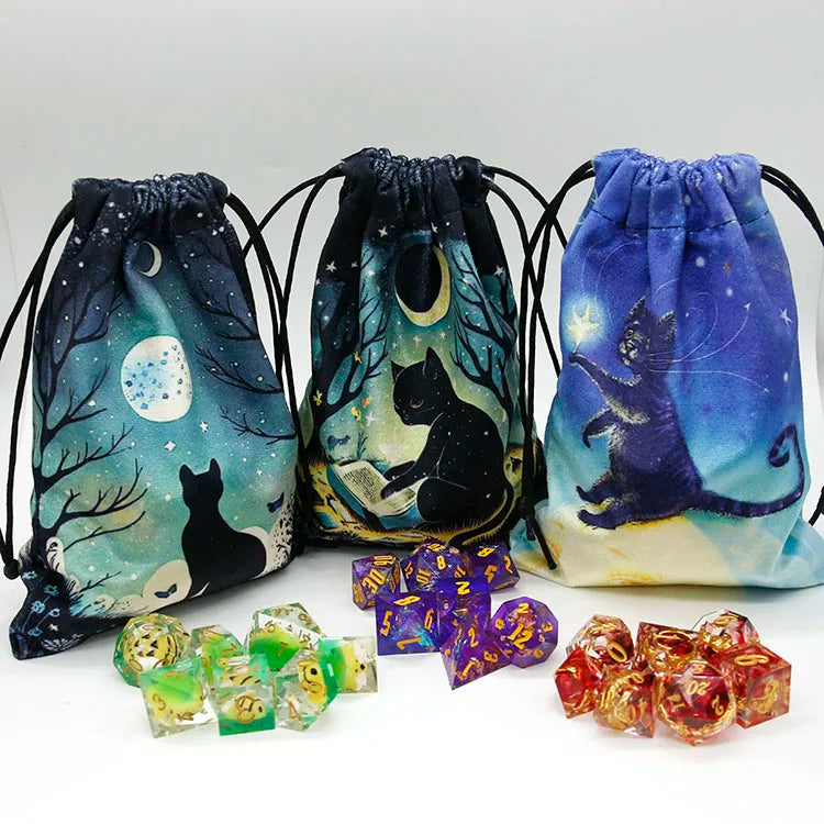 Custom Colorful LOGO Square Velvet Drawstring Dice Pouch with Cat Theme for DND Wholesale Free Sample Available MOQ 100/Color