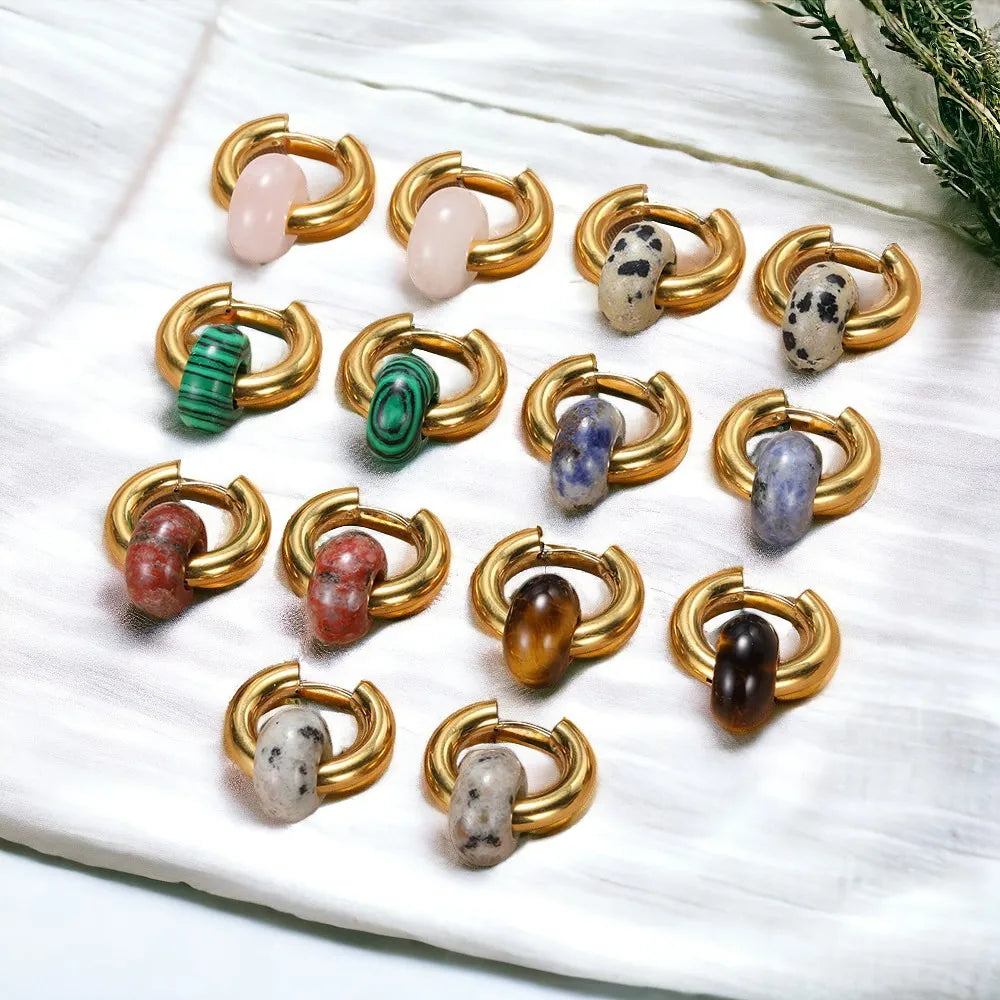 Jewelry Womens Fashion Accessories Hoop Earrings Minimalist Non Tarnish Stainless Steel Stone Donut Natural Gemstone Bead Gol