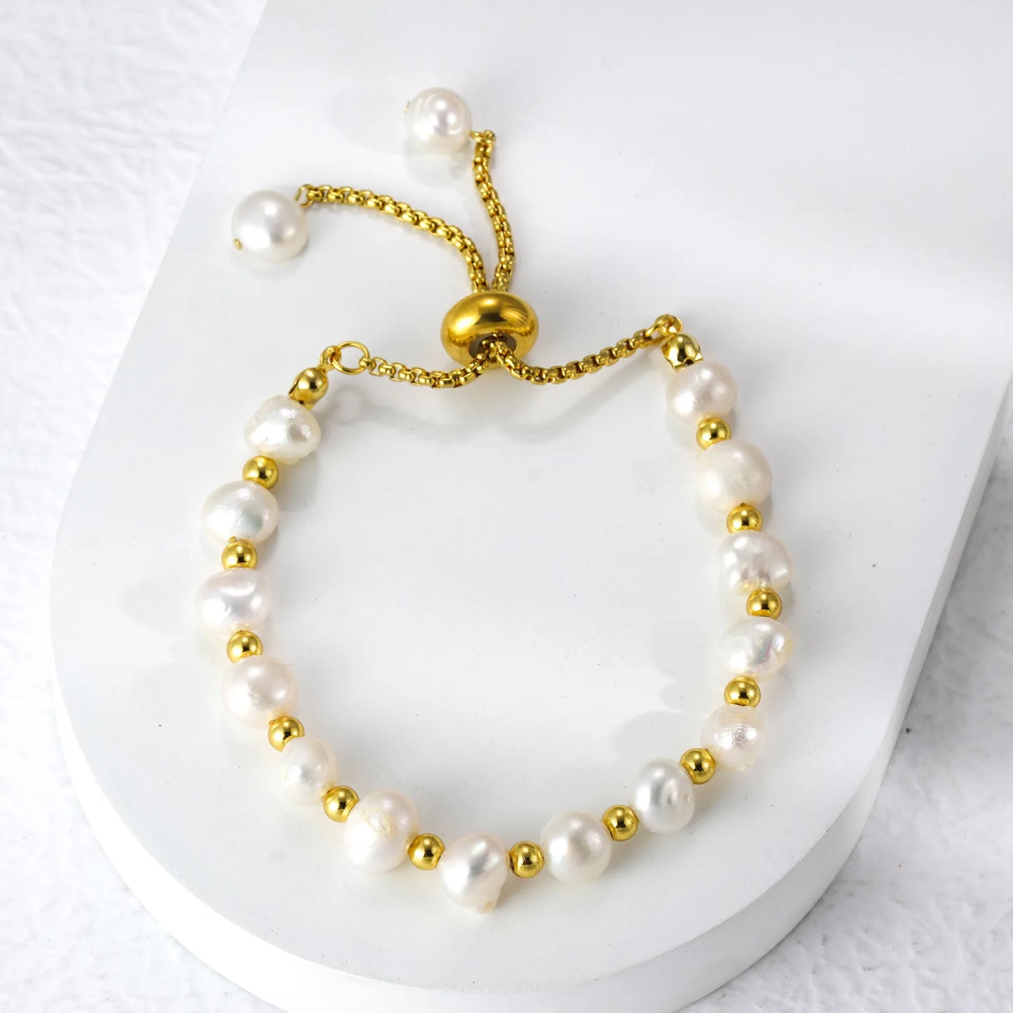 18k Pvd Gold Plated Fresh Water Pearl Chain Stainless Steel Bracelet Adjustable Freshwater Bracelet