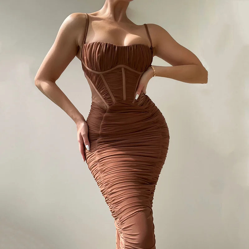 Sexy Backless and Tight Fitting Temperament Waist Cinched Pleated Suspender Dress Long Skirt