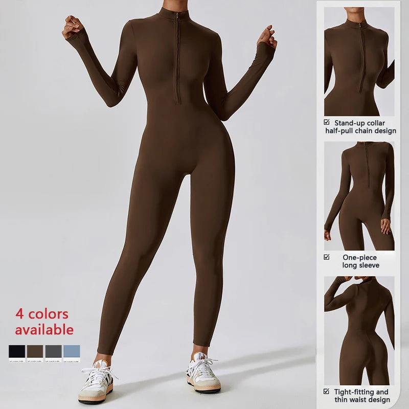 Factory Custom Logo Quick Dry Half Zip Long Sleeve One Piece Gym Jumpsuit Workout Rompers Jumpsuits Playsuits Bodysuits