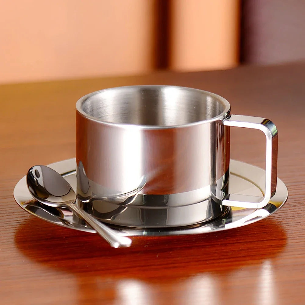 3pcs Stainless Steel Coffee Cup Set Double Walled Heat Resistant Mug with Saucer Spoon Drink Tableware Kitchen Cafe Accessori