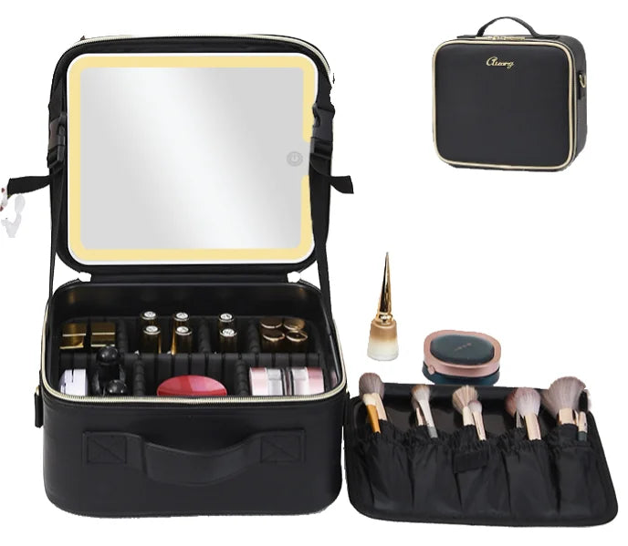 For LED Open PU Large Capacity Desktop Cosmetic Storage Box Waterproof Travel Portable Case Mirror Fashion