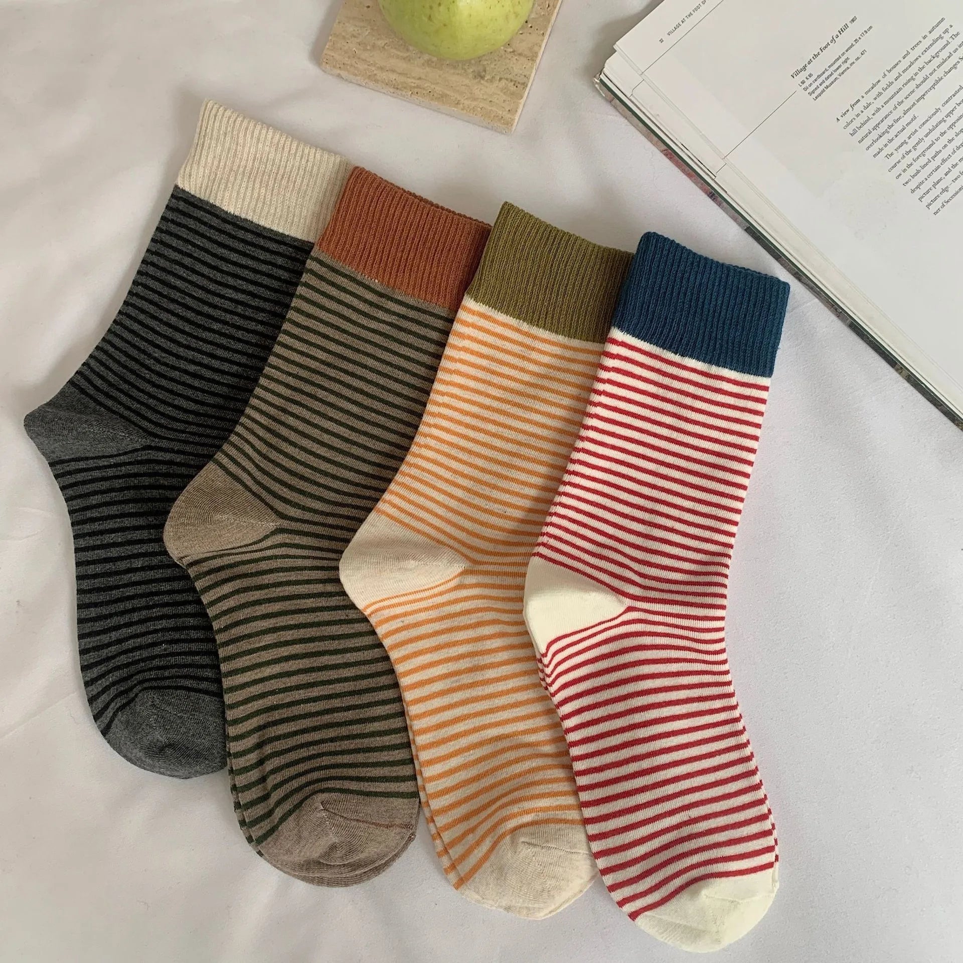 New Japanese Socks Set Striped Women's Casual Cotton Socks Autumn Simple Women's Medium Length Socks