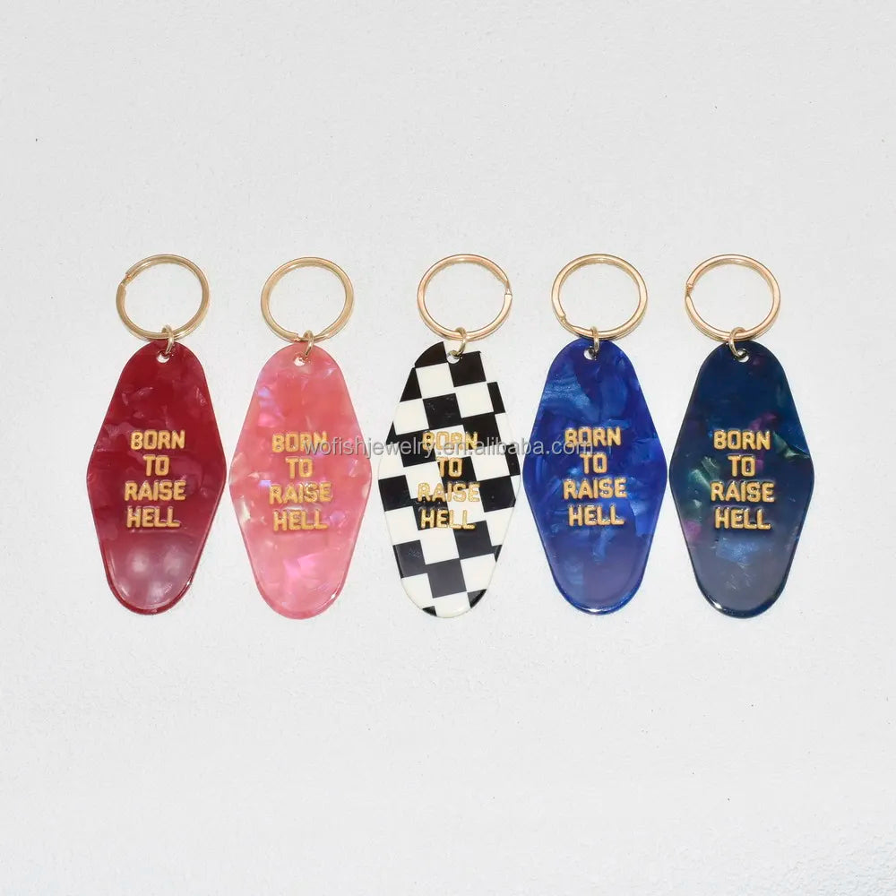 Hotel Keychain Checked Engraved Words BORN to RAISE HELL Motel Keytag