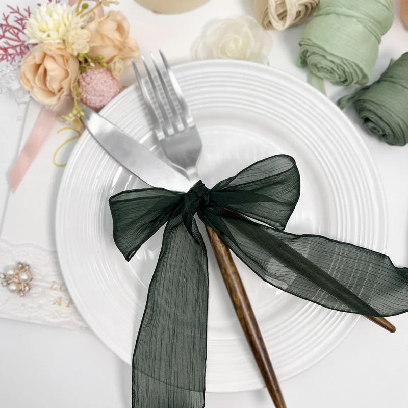 1.5 Inches Dark Green Sheer Chiffon Ribbon Luxury Double Face with Ruffle Trim Handmade Ribbon for Wedding Decorations