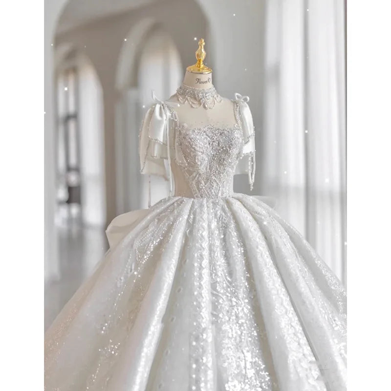 AL1256 Heavy Beaded Elegant Luxury French Light Boho Wedding Dress for Bride Big Tail Gown Crystal White Cathedral Plus Size