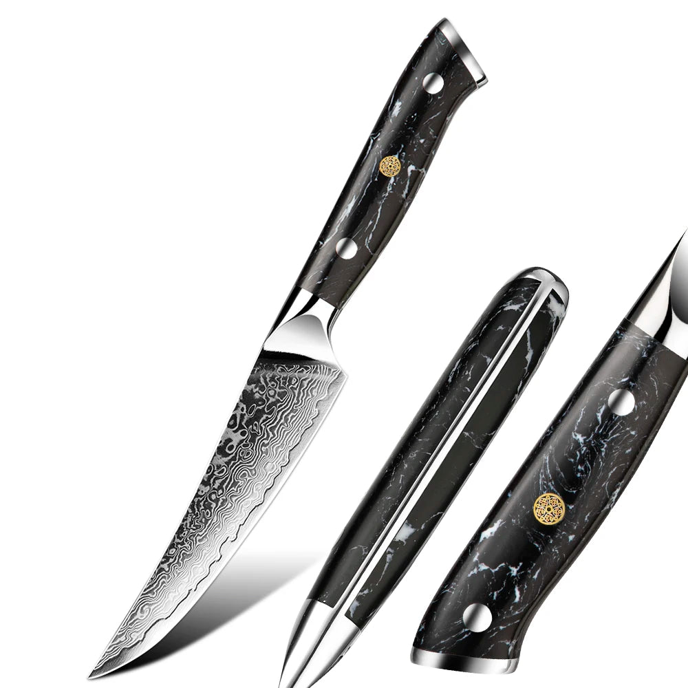 Yangjiang Amber Damascus Steak Knife Set Razor Sharp with Black Turquoine Handle Includes Fine Gift Box