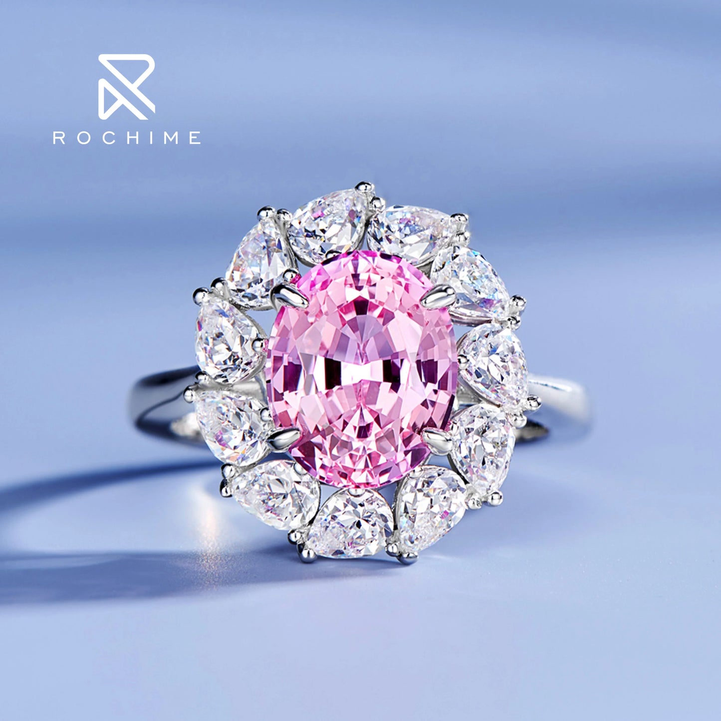 Rochime Flower Cluster Lab Grown Padparadscha pink Gemstone Rings 925 Sterling Silver Rhodium Plated  Trendy Jewelry for Wome