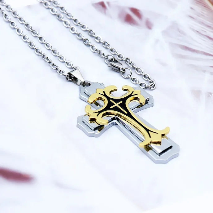 Hot Sale Stainless Steel Necklaces Oil Dripping Neck Chains Three-layer Cross Pendant Necklace for Religious Believers Lovers