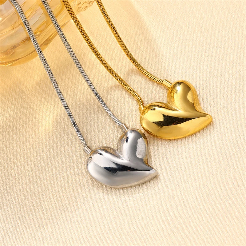 Women Vintage Jewelry 18K Gold Plated Slanting Heart Pendant Stainless Steel Necklace