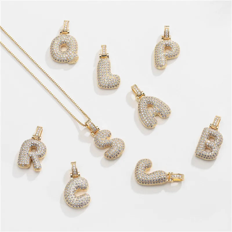 2024 Hot Sale Gold Plated Balloon Alphabet Necklace Iced Out Cubic Zirconia Bubble Initial Letter Necklace for Gift