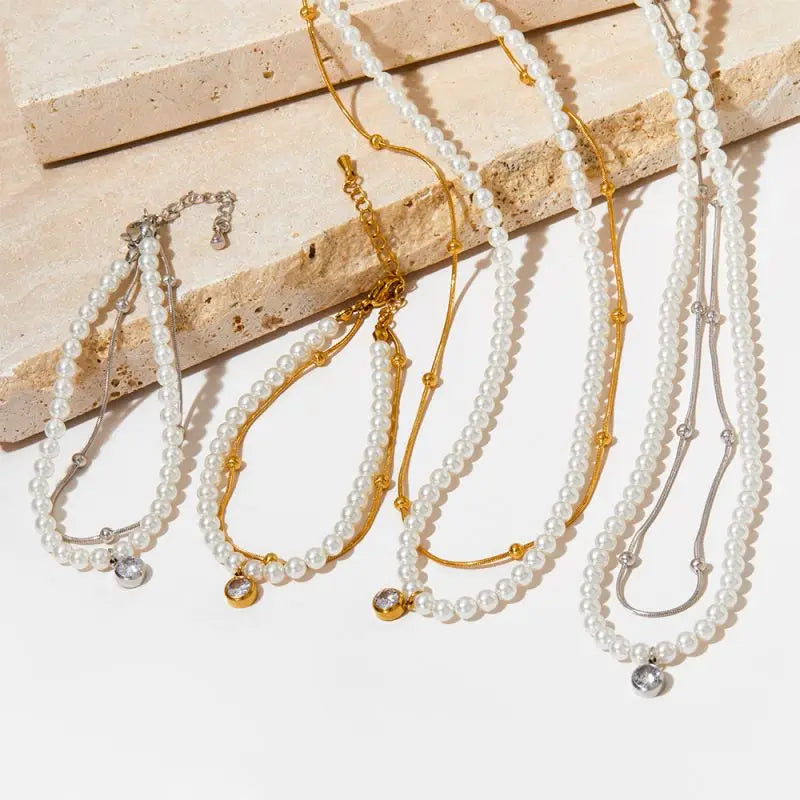 Women's Waterproof Stainless Steel Jewelry Set Geometric Pattern Beaded Charm Bracelets Snake Chain Necklace with Layered Pea