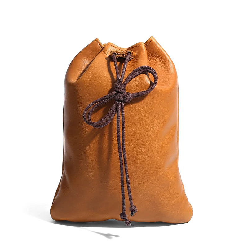 Factory Retro Genuine Leather Unisex Coin Purse Portable Money Pocket Drawstring Pouch for CoinsKeysCardsEarphone Etc