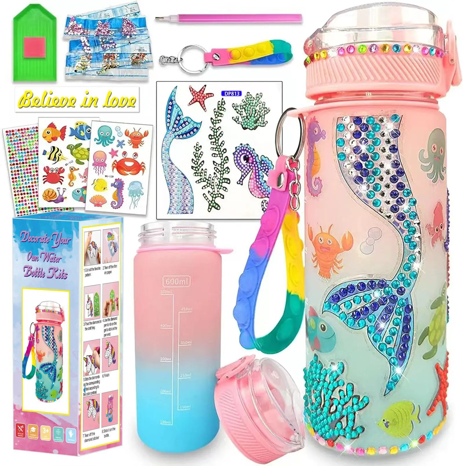 Decorate Your Own Water Bottle Kits Girls Mermaid Gem Diamond Painting Crafts Fun Arts and Crafts Gifts Toys