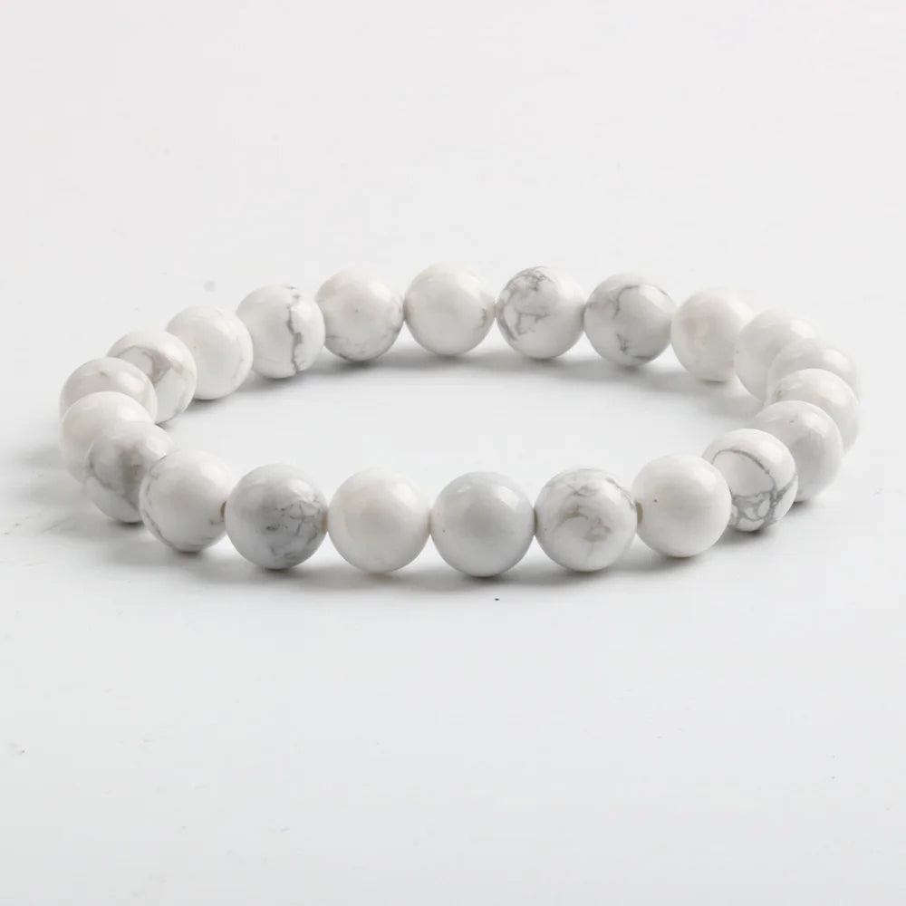 Hot Selling Unisex 8mm Polished Natural stone Jewelry  White Howlite  Bracelet  for  Gifts