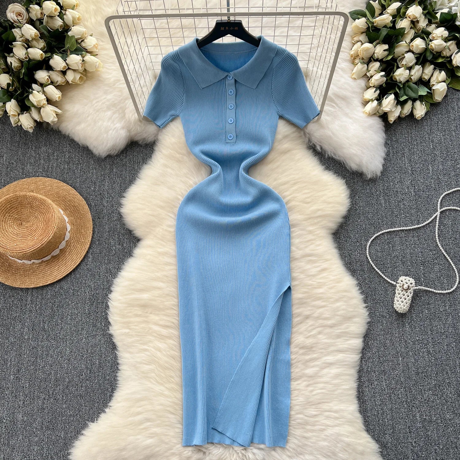 Korean Polo Collar Slit Hip Midi Dress for Women Empire Lace Dress Black
