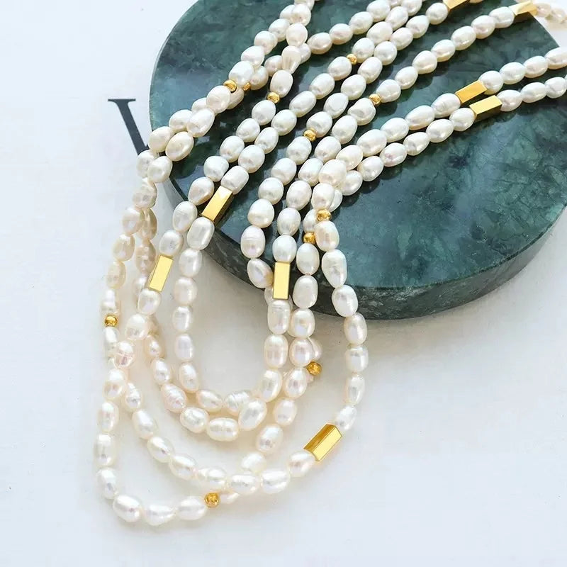 Elegant Delicate Handmade Freshwater Pearl Gold Beads Choker Necklace for Women Jewelry