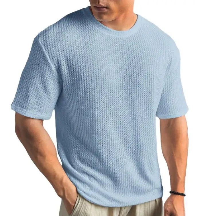 New Summer Heavyweight Men's Versatile Loose Solid Color T-shirt Men Waffle Knitted Short Sleeve T-shirt