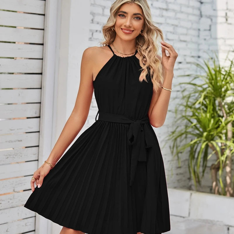 Women's New Fashionable Hanging Collar Elegant Sleeveless Pleated Mini Skirt