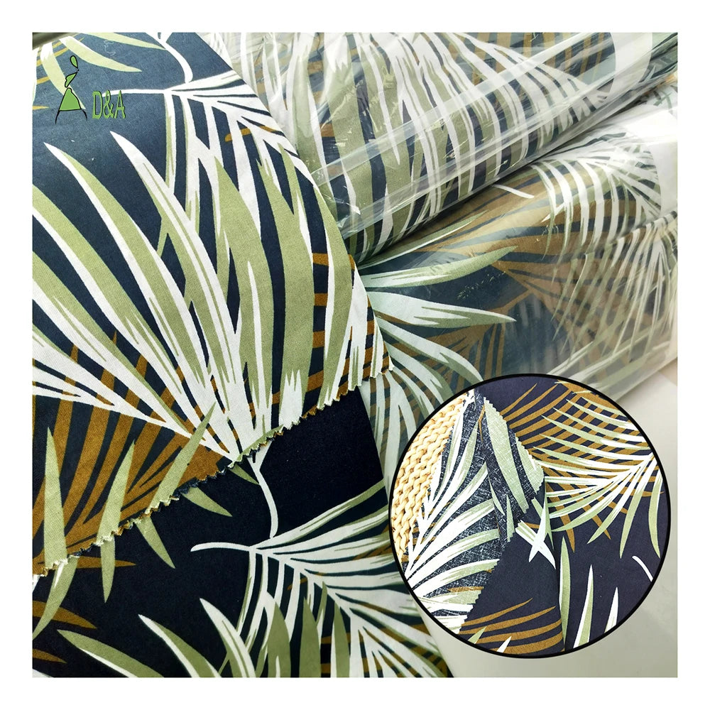 Promotion Price Stock Tropical Palm Leaves Printed 55% Linen 45%Cotton Woven Fabric for Clothing for Home Textile