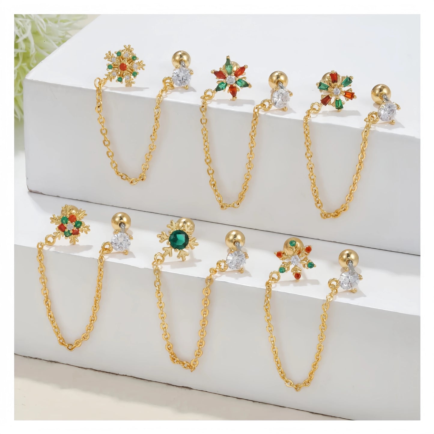 Christmas Jewelry Zircon Silver Gold Plated Snowflake Stud Earrings Fashionable New Rhinestone Long Chain Stud Earring for Wo
