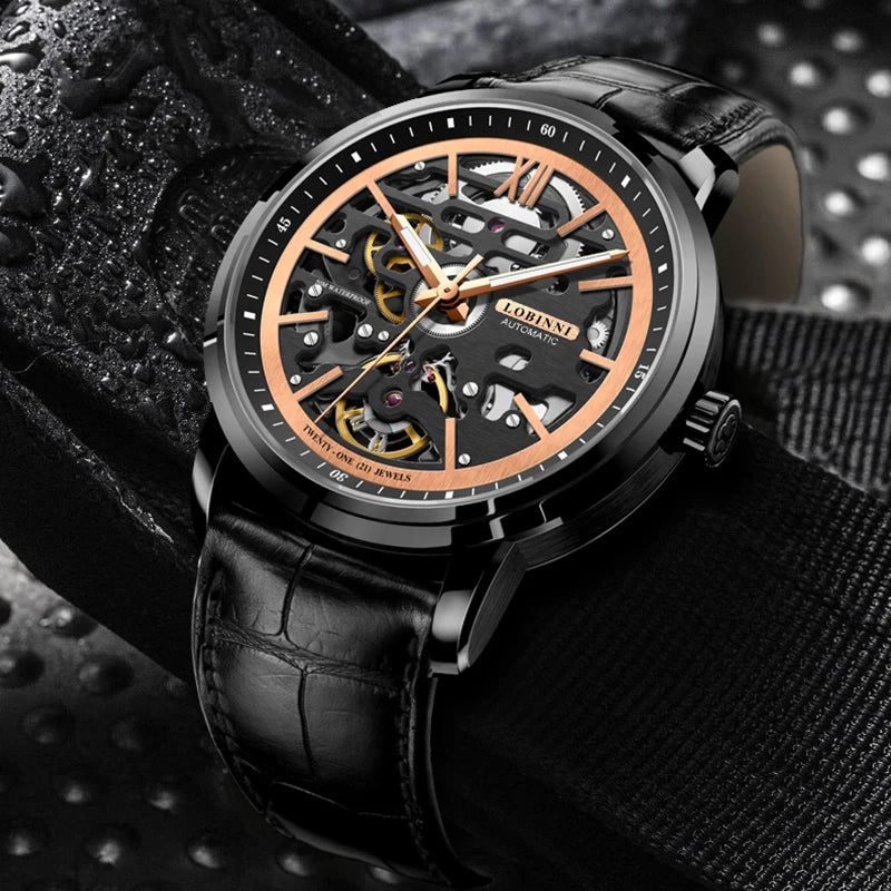 LOBINI Men's Mechanical Watch Stainless Steel Case Leather Strap Automatic Movement Water Resistant Sapphire Crystal Dial Coo