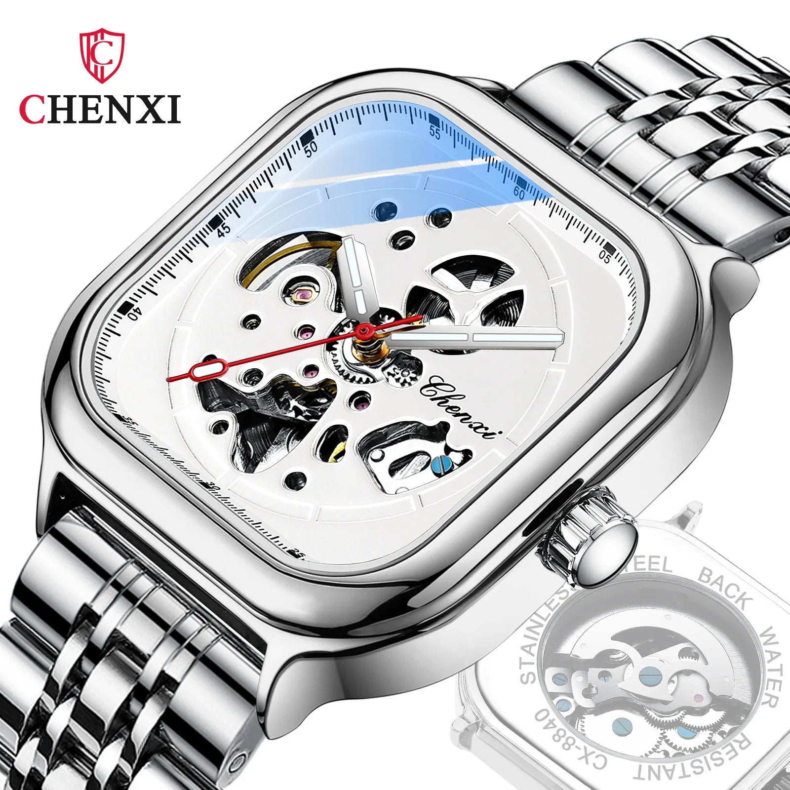 CHENXI New square Hollow Automatic Mechanical Watch Men's and Tremolo Fast Hand Live Cross-border