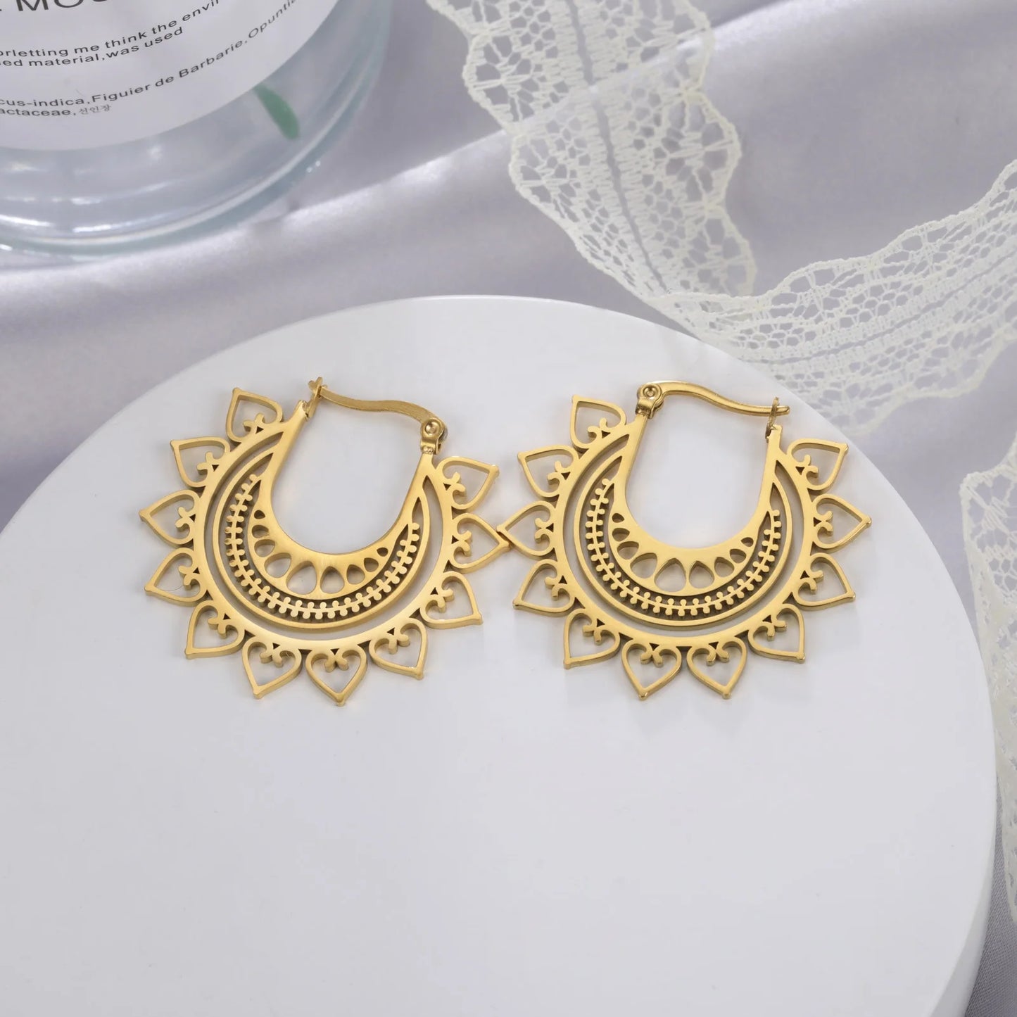 Ethnic Exquisite Sunflower Hoop Earrings Stainless Steel Gold Color Earring Bohemia Party Jewelry Gift for Women Wholesale