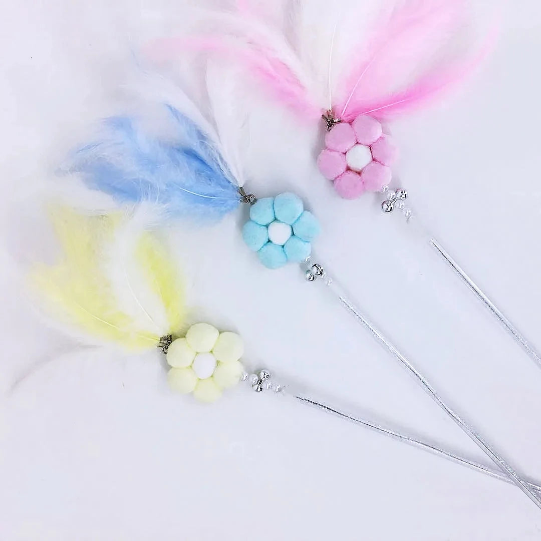 Factory New PVC Teaser Cat Wand Double Bell Petal Type Feather Funny Fairy Wand Pet Toys to Entertain Kitten Bore Them Away