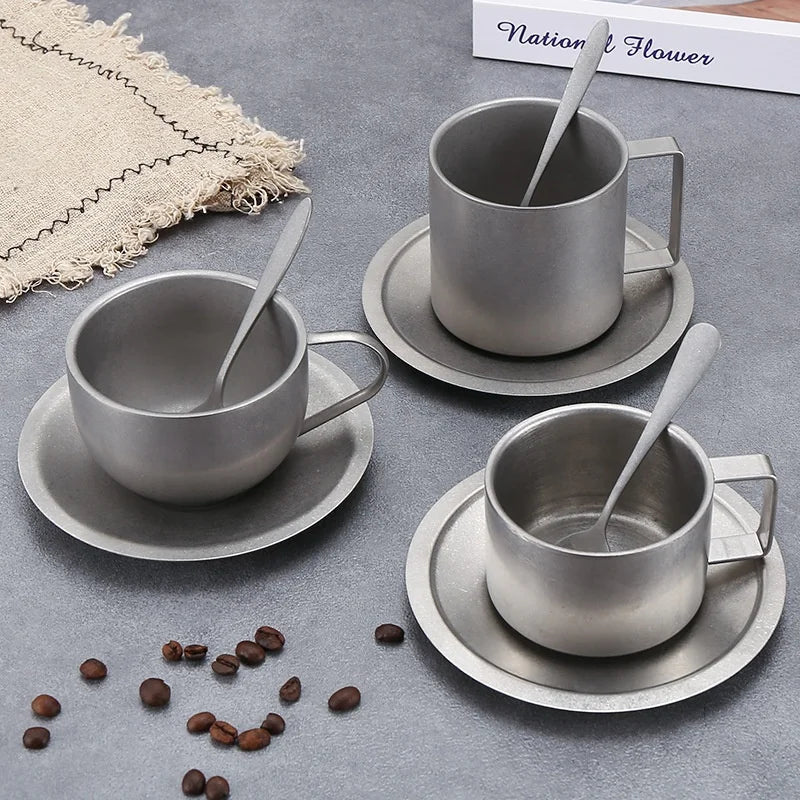 Customized logo Stainless Steel Coffee Cup Multi Size Vintage Milan Coffee Cup with Plate and Spoon Reuse Bilayer Coffee Cup 