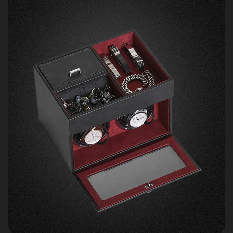 Japanese Quiet Motor LED Light Automatic Watch Winder with Jewelry Organizer Tray Double Watch Display Storage Case