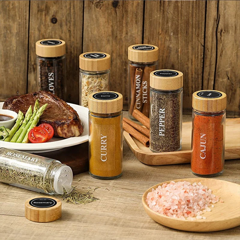 Factory Custom 120ml Lead Free Kitchen Glass Seasoning Bottle Spice Jar Bottle Set With Bamboo Lid